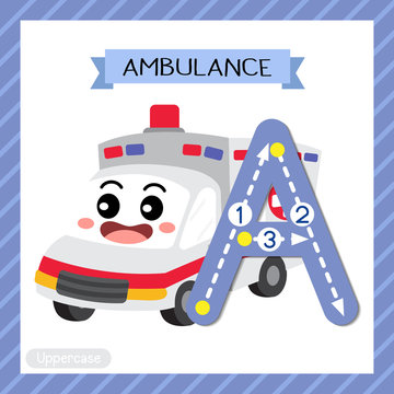 Letter A uppercase cute children colorful transportations ABC alphabet tracing flashcard of Ambulance Car for kids learning English vocabulary and handwriting Vector Illustration.