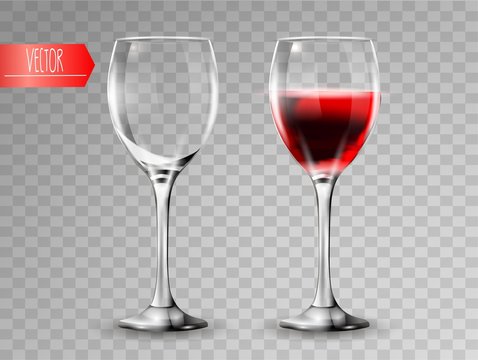 Transparency wine glass. Empty and full. 3d realism, vector icon.