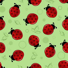 red ladybugs, ladybirds  with green leaves vector seamless background