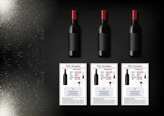 A simple design of realistic bottles of wine and wine cards with descriptions and characteristics of the wine on a black background with sparkling sparkles.Vector illustration in photorealistic style.