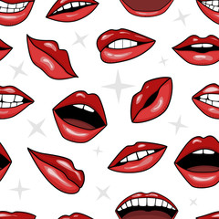 red lips in tattoo style vector seamless background