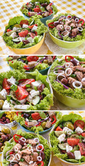 Tuna, Vitaminic green and Greek salad with feta and tasty selection of vegetables. Collage of set photos.