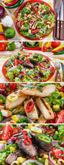 Mexican spicy beef and chicken salad on the plate. Grilled beef and chicken meat with tasty selection of vegetables. Collage of set photos.