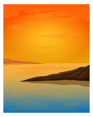 sunset seascape flat vector design.beautiful seascape card.seascape in evening.beautiful seascape background.