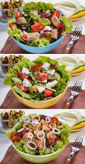 Tuna, Vitaminic green and Greek salad with feta and tasty selection of vegetables. Collage of set photos.