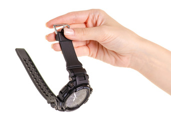 Sports man's watch in hand on a white background isolation