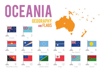 Set of 14 flags of Oceania isolated on white background and map of Oceania with countries situated on it. - obrazy, fototapety, plakaty
