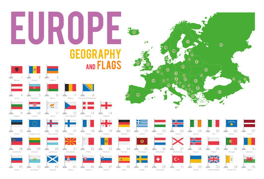 Set of 56 flags of Europe isolated on white background and map of Europe with countries situated on it.