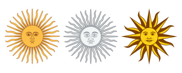 Sun of May variations. Spanish Sol de Mayo, national emblems of Uruguay and Argentina. Radiant, silver or golden yellow sun with human face and straight and wavy rays. Illustration over white. Vector. - obrazy, fototapety, plakaty