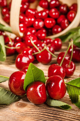 Sweet cherries in a wooden basket.