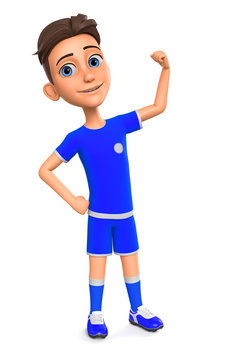 Guy in the blue uniform shows muscle. 3d render illustration.