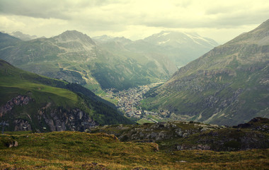 Fototapeta na wymiar General view of Val d'Isere commune of the Tarentaise Valley, in the Savoie department (Auvergne-Rhône-Alpes region) in southeastern France.
