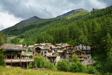 View of old part of Val d'Isere, ski resort, and commune of the Tarentaise Valley, in the Savoie department (Auvergne-Rhone-Alpes region) in southeastern France.