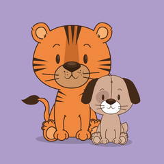 cute and little dog and tiger characters vector illustration design