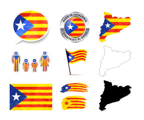 Large set of Catalonia infographics elements with flags, maps and badges on white