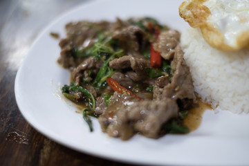 Rice with stir-fried beef and basil. (thai street food)