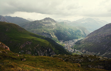 General view of Val d'Isere commune of the Tarentaise Valley, in the Savoie department...