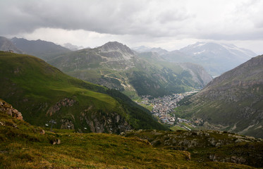 General view of Val d'Isere commune of the Tarentaise Valley, in the Savoie department (Auvergne-Rhône-Alpes region) in southeastern France.