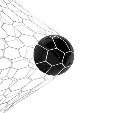 Vector Realistic black soccer ball or football ball in net on black background. 3d Style vector Ball