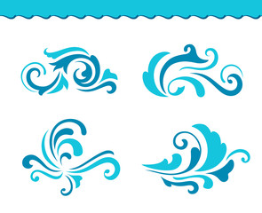 Fototapeta na wymiar Set of wave icons, curly water splashes on white