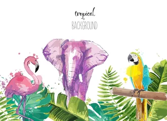  Background with Tropical Leaves flamingo, parrot and elephant. Suitable for nature concept, safari, zoo and summer holiday. Vector Illustration. © our_Vector