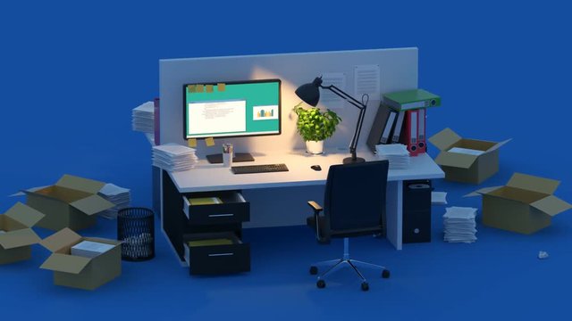 Isolated Office Cubicle Hard Work At night. Chaos and mess in the office space