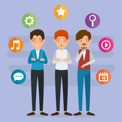 group of people with social media marketing icons vector illustration design