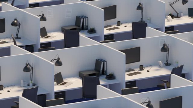 Row of endless cubicles in white, modern office space. Contemporary workplace.