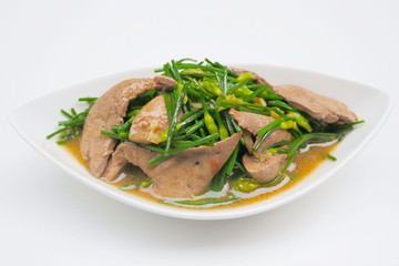 Stir Fried Garlic Chive Flowers with Pork Liver.
