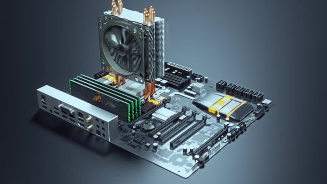 Assembling motherboard units. Includes GPU, CPU, cooler, RAM. 4k Animation.