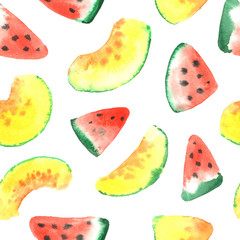 Melon and watermelon slices watercolor. Seamless pattern.