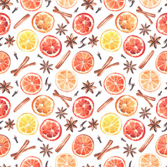 Seamless pattern made of elements for mulled wine, in watercolor style.