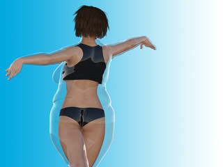 Conceptual fat overweight obese female vs slim fit healthy body after weight loss or diet with muscles thin young woman on blue. A fitness, nutrition or fatness obesity, health shape 3D illustration