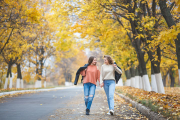 Fototapeta premium Young pretty girls having fun outdoors in autumn background. Cheerful friends in the fall time