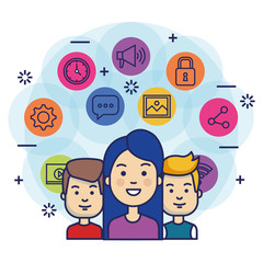 group of people with social media marketing icons vector illustration design