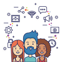group of people with social media marketing icons vector illustration design