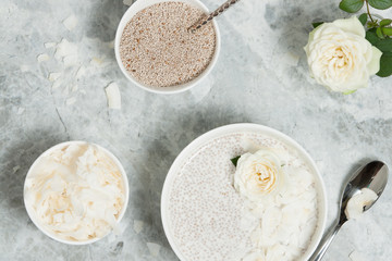 Chia Seeds Pudding With Coconut. Rose Flowers.