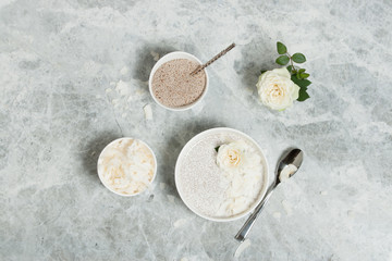 Chia Seeds Pudding With Coconut. Rose Flowers.