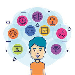 avatar man with social media marketing vector illustration design