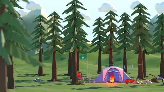 Camping in the mountain forest. Burning campfire, blue tent, outdoor adventure.
