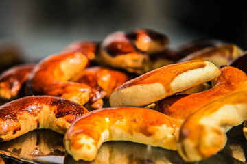 Arrangement with tasty fresh bakery products on table.close-up