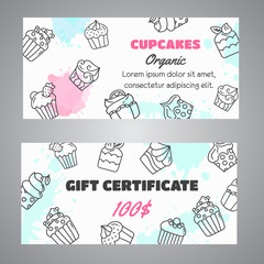 Cupcake gift certificate banners with handdrawn cupcakes and pink splashes. Bakery Desserts collection Vector