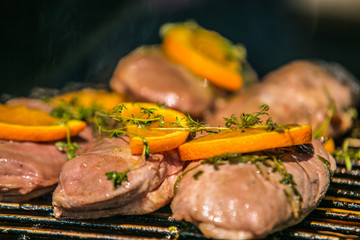 BBQ meat and vegetable laying on hot grill.close- up