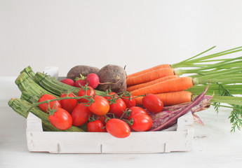 Fresh organic vegetables assortment Country style Harvesting concept Local market Grocery store Clean food Diet Wooden background Copy space