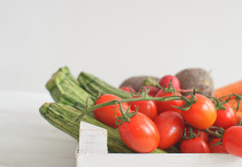 Fresh organic vegetables assortment Country style Harvesting concept Local market Grocery store Clean food Diet Wooden background Copy space