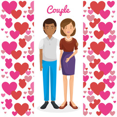 lovers couple with hearts pattern vector illustration design