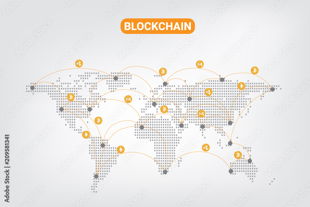 Aufkleber Abstract Digital money crypto currency blockchain  network technology on world dot map Background. vector Illustration.