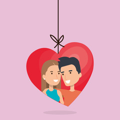 lovers couple in heart hanging characters vector illustration design