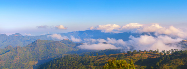 panorama of view on peak mountain natural beautiful landscape with sky on the vacation day on the morning with sunrise golden time.