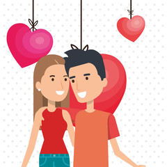 lovers couple with hearts hanging avatars characters vector illustration design